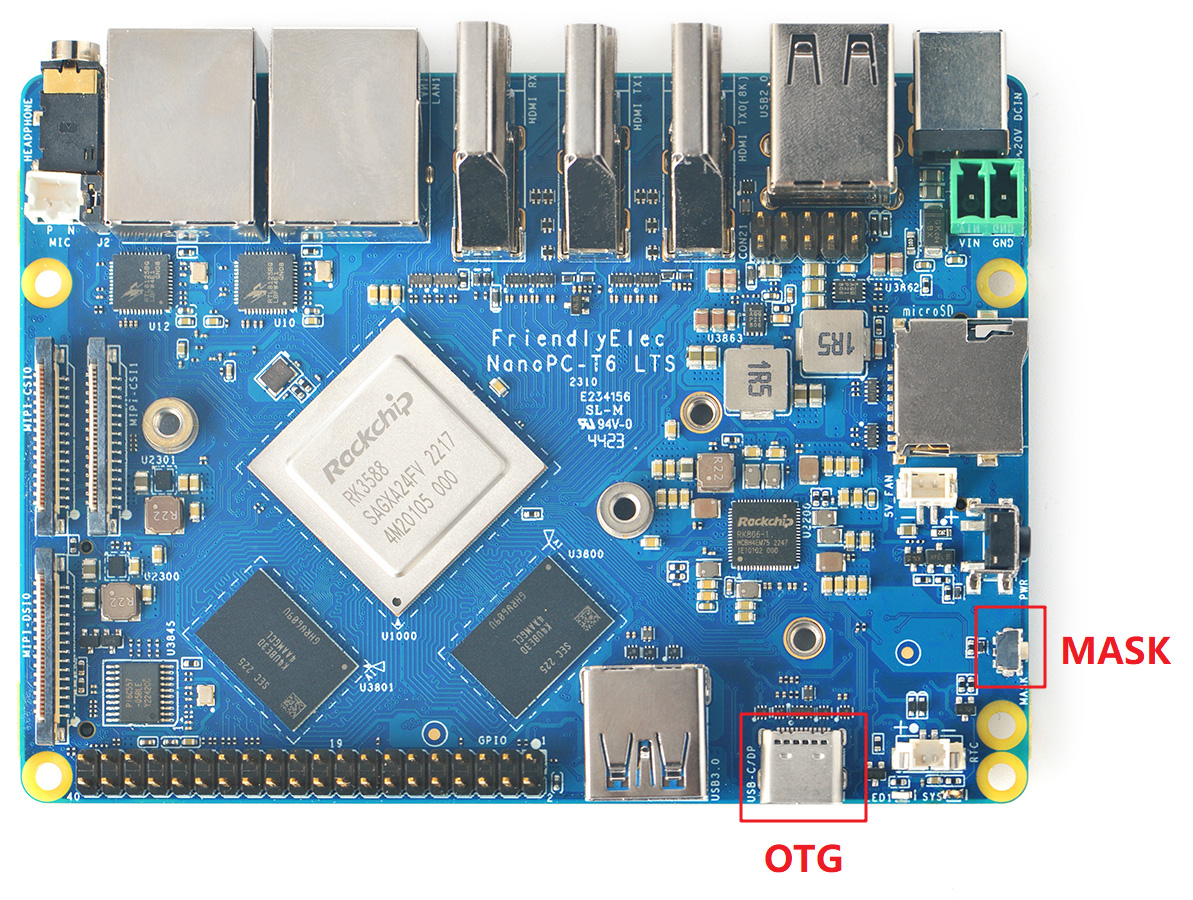 NanoPC-T6 开发板 MASK 按键和 OTG 接口位置
