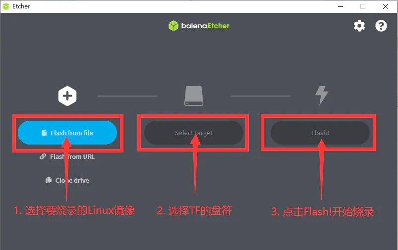 balenaEtcher 选择 Linux 镜像、TF 卡盘符并开始烧录的界面