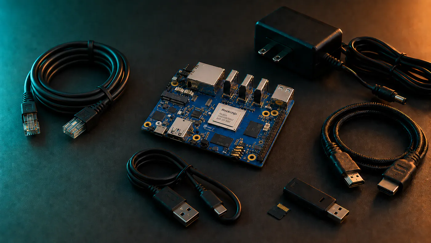 RK3588 开发板、电源、HDMI 线、网络接入配件、USB 转 Type-C 数据线、TF 卡和读卡器